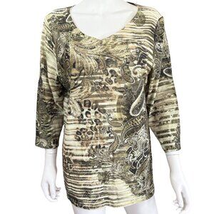 Chicos Womens Paisley Print Tunic Top Size 2 Beige Polyester Relaxed Fit